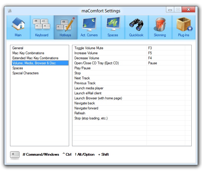 maComfort - hotkey settings